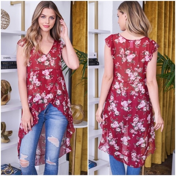 WINE FLORAL PRINT BOHO ASYMMETRICAL HI-LO FLOWY TOP - Picture 3 of 5